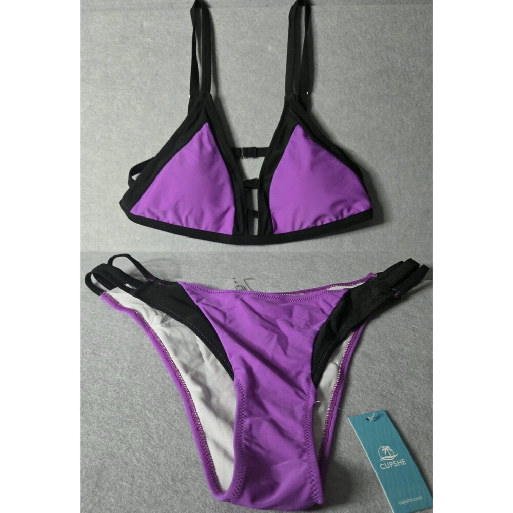 CUPSHE Women's Size XL Purple & Black Bikini Set Strappy Two Piece Swimsuit NWT